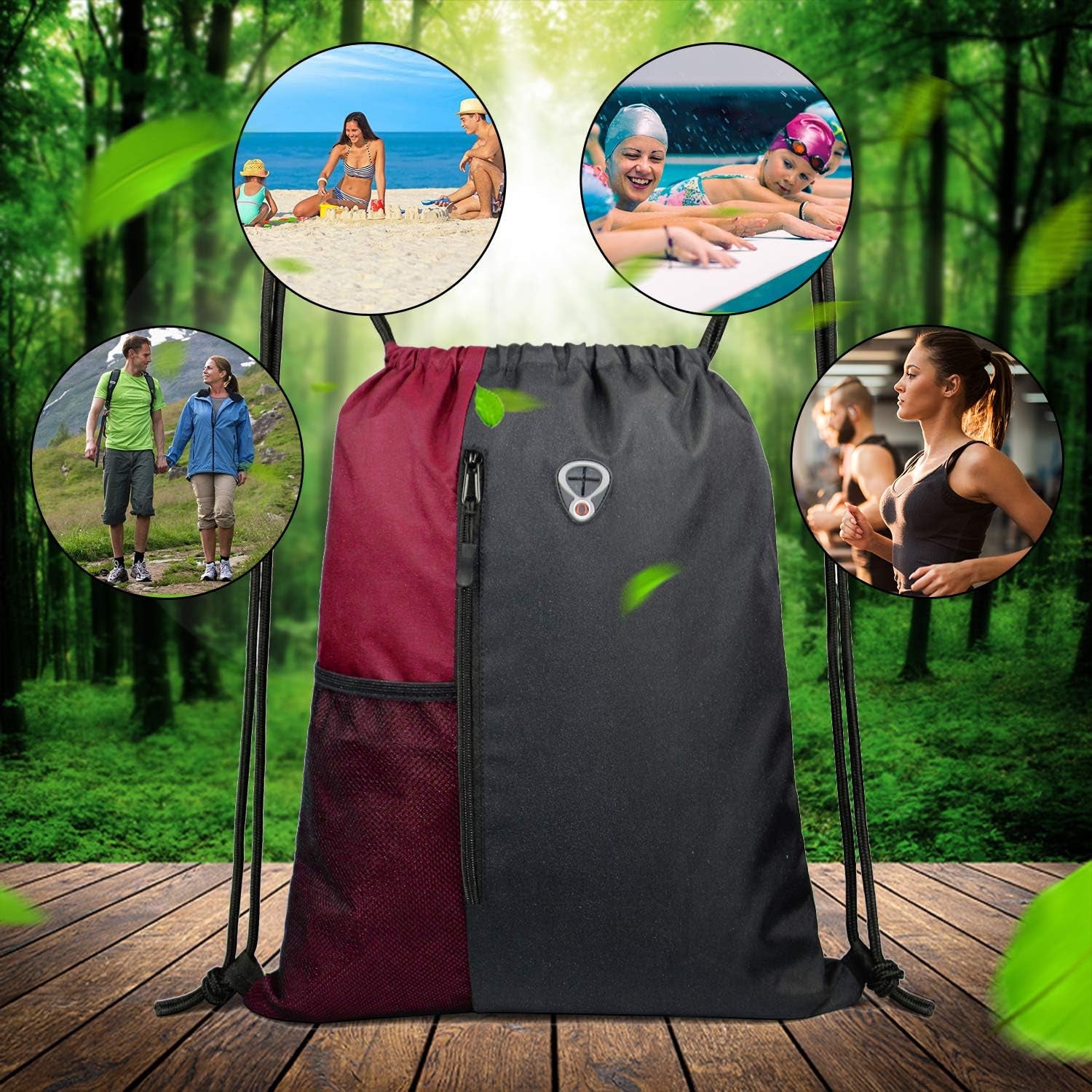 Drawstring Backpack Sports Gym Bag for Women Men Children Large Size with Zipper and Water Bottle Mesh Pockets